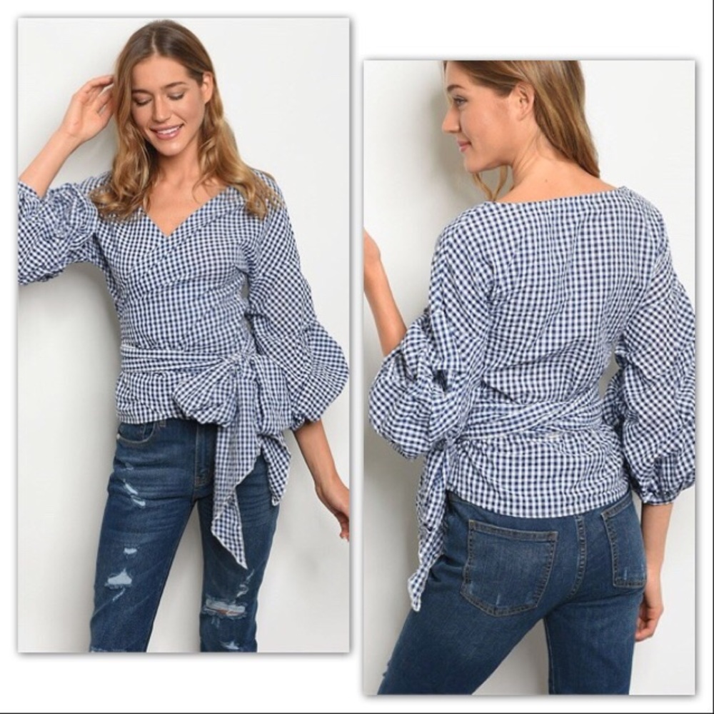 Navy Gingham Print Fancy Tie Waist Blouse
